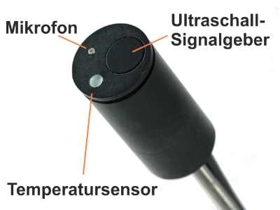 Aufsicht auf die Komponenten des Turmmikrofon: Mikrofon, Testsignalgeber, Temperaturfühler